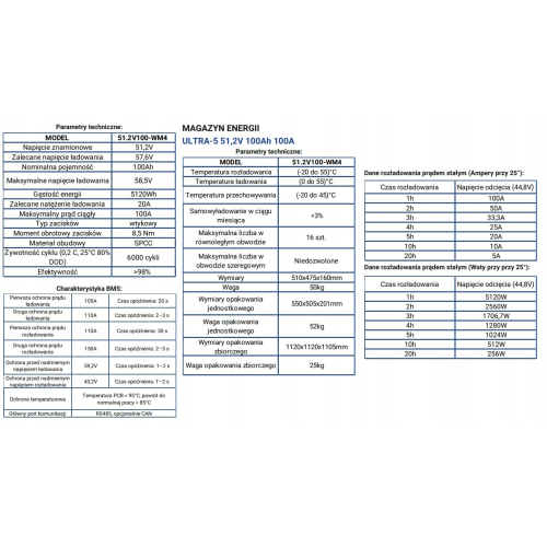 MAGAZYN ENERGII ESS-WM4 51V 100Ah 100A FOTOWOLTAIKA OFF GRID LiFePO4 5 KWh