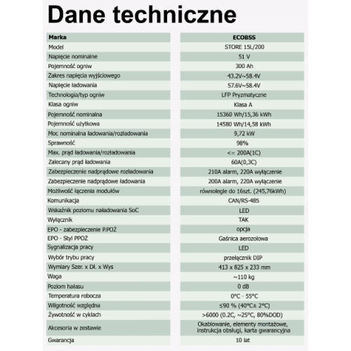 Magazyn Energii 15kWh 51,2V Bateria DC EcoBSS STORE L15 DEYE Growatt Sofar